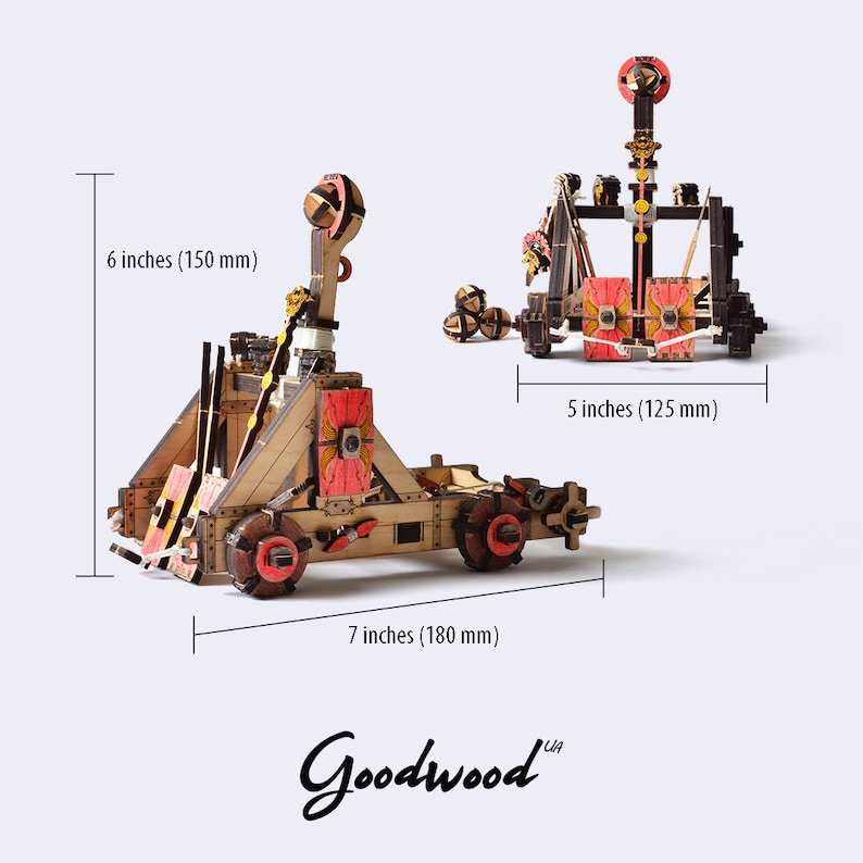 Dimensions diagram of assembled Roman catapult – 3D puzzle template for laser cutting from 3mm plywood