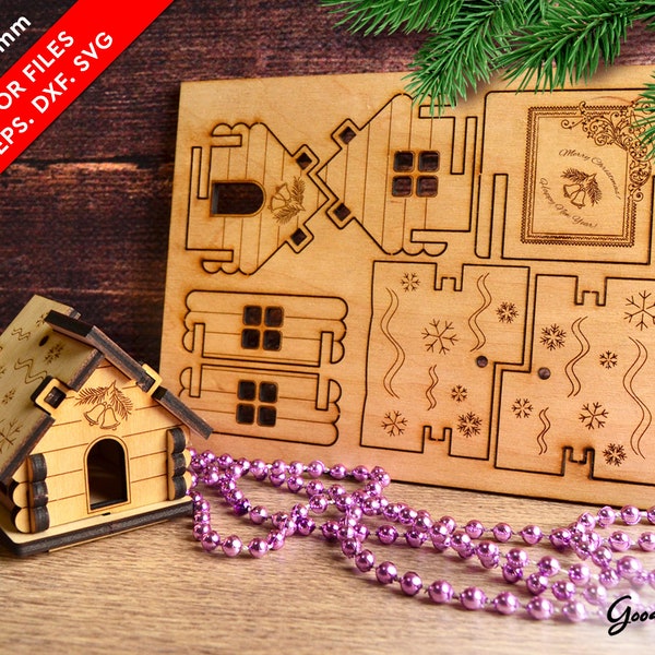 Ornamenti natalizi per la casa 3D SVG, file tagliati al laser DXF CdR EPS PdF, decorazioni natalizie, cartoline pop-up natalizie, giocattolo della casa in legno, download istantaneo
