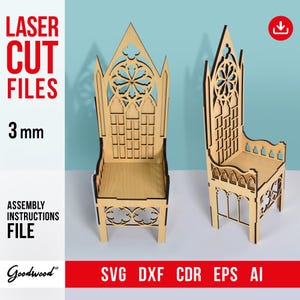 Pode incluir: Arquivos de corte a laser para uma cadeira de madeira de 3 mm de espessura com um design gótico. A cadeira tem um encosto alto com um grande design de janela e um assento com uma borda decorativa. A cadeira é mostrada em duas vistas diferentes.