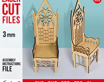 Doll furniture Gothic Throne SVG DXF Ai Eps, Laser cut files for wood, Doll chair files 1:6, Wooden chair for doll 12&quot; height, Digital file