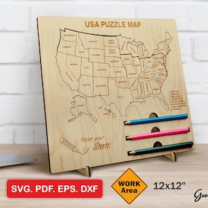 USA Holzpuzzle Landkarte SVG Eps DXF, Vektordateien für Laserdrucker mit 12x12″ Arbeitsfläche, USA Färbung, Desktop Landkarte, Lernspielzeug Instant Download