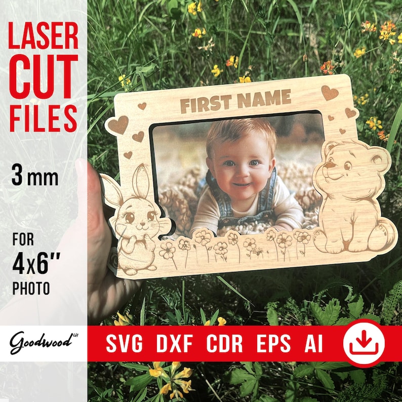 Baby Photo Frame SVG for Laser Cut, Personalized Bear and Bunny Frame DXF, Nursery Decor Picture Frame 4x6, Newborn Gift, Wood Vector File image 1