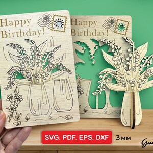 Carte en bois avec bouquet de muguet — modèle découpé au laser SVG DXF Cdr Pdf Eps, carte de voeux d'anniversaire DIY, 4 x 6", cloches de mai en bois