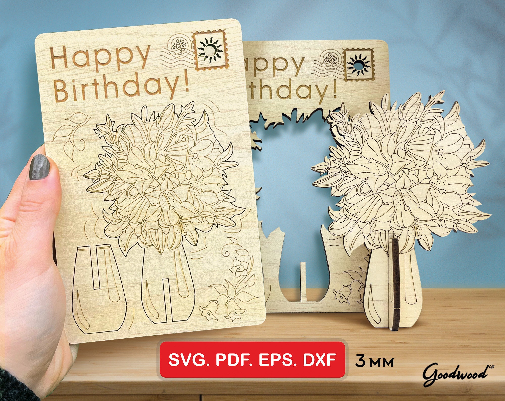 Happy Birthday 3D Pop-Up Card Template SVG, Wooden Bouquet 3mm, Laser Cut Files DXF, Floral Greeting Card, Instant Download 4x6"
