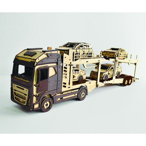 Wooden Truck Trailer With Car 3DBRT , 3D Models | Wooden Toy Car Transporter | 3D Mechanical Puzzle | Craft DIY Car Carrier Set