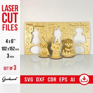 Carte chat, carlin, rottweiler SVG – cartes de voeux d'anniversaire 3D, fichiers découpés au laser DXF CdR EPS, modèle en bois, téléchargement immédiat, lot de 3