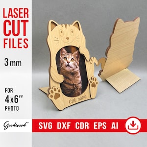Personalized Kitty Photoframe Vector SVG, Engraving & Laser Cut Files, Layered Wooden Frame for Cat 4x6" A6, Vintage Style, Instant Template