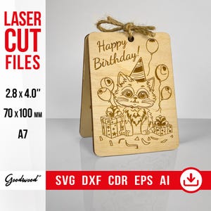 Happy Birthday houten kat kaart SVG CdR DXF EPS-sjabloon – Kitty-wenskaart, dierlijke verjaardagskaarten, lasergesneden bestanden, direct downloaden, Vector