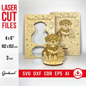 Carte de chien rottweiler SVG — carte d'anniversaire pop-up en bois, fichiers découpés au laser DXF Cdr Eps, modèle de carte de voeux bricolage chiot, téléchargement immédiat, 4 x 6"
