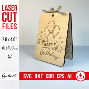 Lasergesneden verjaardagskaartsjabloon SVG DXF EPS | Gegraveerde houten verjaardagskaart met ballonnen | Vectorbestanden voor vrienden | Direct downloaden
