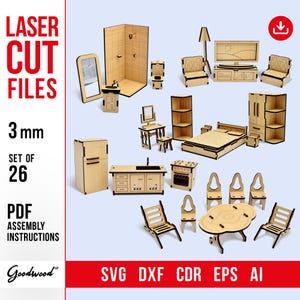 Dollhouse Furniture 3mm Template SVG Dxf DIY Miniature Set 1:12 | Laser Cut Wood Accessories for Bedroom Kitchen Bathroom Living Room 26 pcs