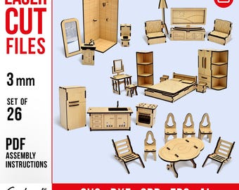 Dollhouse Furniture 3mm Template SVG Dxf DIY Miniature Set 1:12 | Laser Cut Wood Accessories for Bedroom Kitchen Bathroom Living Room 26 pcs
