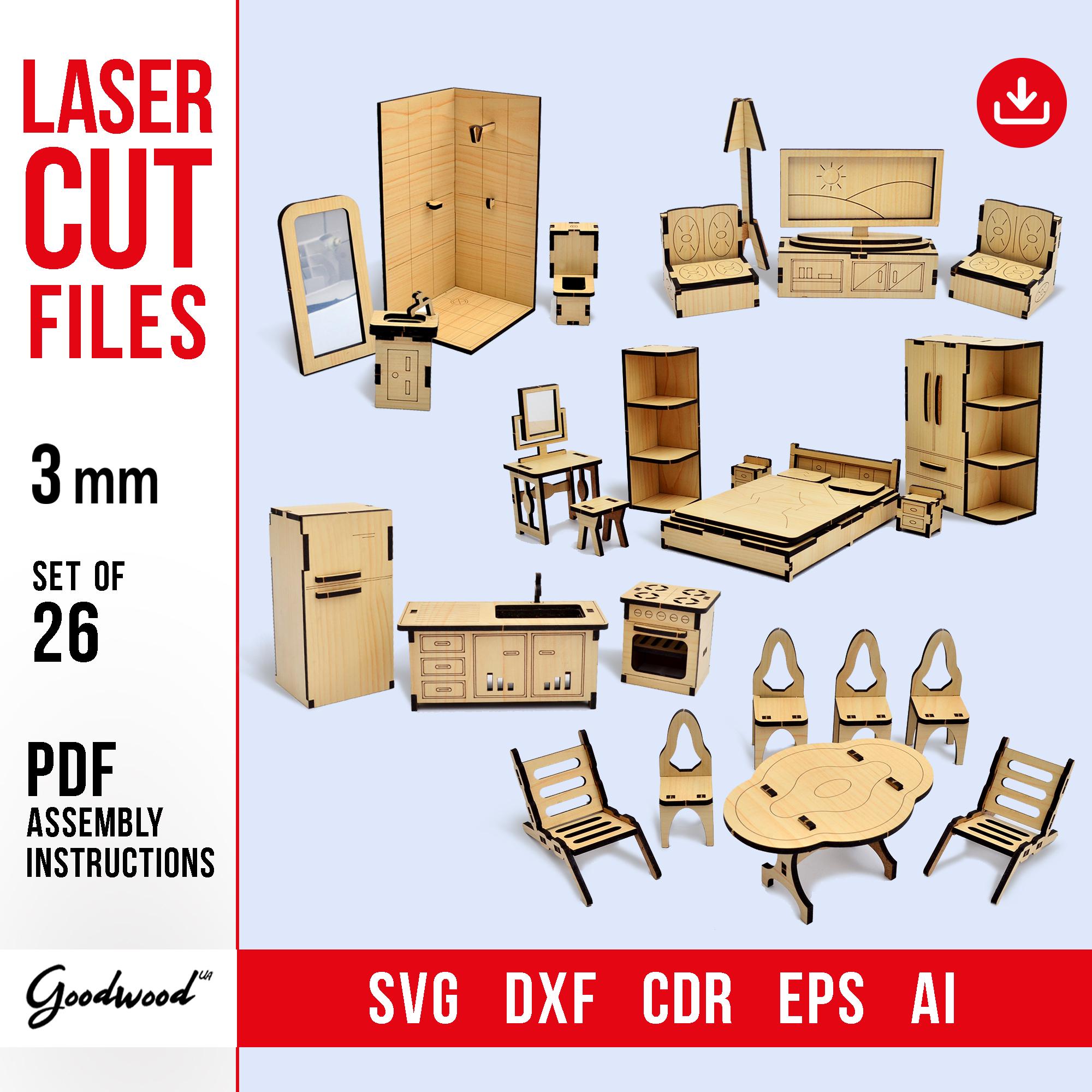 Dollhouse Furniture 3mm Template SVG Dxf DIY Miniature Set 1:12