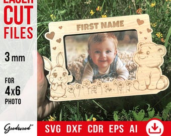 Photo frame for baby SVG, Personalized frame with name 4x6&quot;, Wooden frame picture, Template frame DXF, Laser cut files 3mm, Instant Download