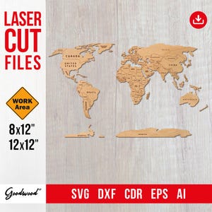 Wereldkaart kunst aan de muur SVG DXF, politieke kaartsjabloon voor lasersnijden, landnamen en randen, werkgebied 8 x 12" of groter Instant Download
