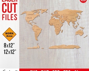 World Map Wall Art SVG DXF, Political Map Template for Laser Cutting, Country Names & Borders, Working area 8x12&quot; or larger Instant Download