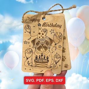 Happy Birthday Mops-kaart SVG DXF CdR EPS – houten hond wenskaart, dierlijke verjaardag kaartsjabloon, lasergesneden bestanden, instant download, vector