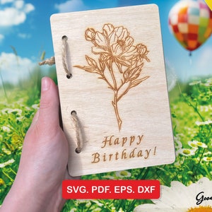 Cartão de feliz aniversário SVG, Cartão postal de madeira, Modelo de flor de peônia, Arquivos cortados a laser para a mãe, Download instantâneo, Arte floral vetorial, Bday, Dia das mães