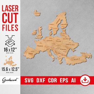 Modello di mappa dell'Europa per taglio laser - Paesi con capitali SVG DXF, file vettoriale per letto laser 16x12", mappa da parete in legno, download immediato