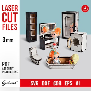 Puppenhaus Möbel Vorlage SVG, Laser Cut Dxf Dateien, DIY Miniatur Badezimmer Set 1:12, CNC schneiden, Vektordatei, Sofort Download