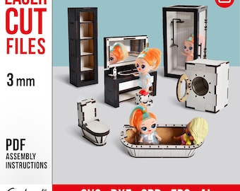 Dollhouse Furniture Template SVG, Laser Cut Files Dxf, DIY Miniature Bathroom Set 1:12, CNC Cutting, Vector File, Instant Download