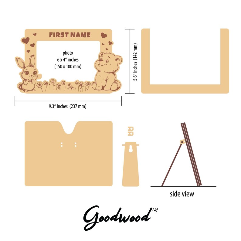 May include: A wooden photo frame with a cutout of a bunny and a bear. The frame is 9.3 inches wide and 5.6 inches tall. It has a space for a 6x4 inch photo. The frame is made by Goodwood.