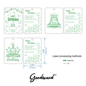 Technical drawing of the set of 3 cards svg showing dimensions 2.8x3.9 inches (70x100 mm). Color-coded laser processing methods: green for engraving cupcake and cake patterns, black for clean cutting paths.