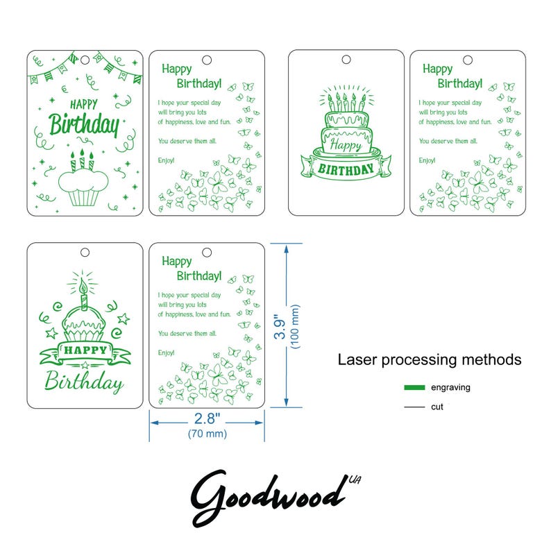 Technical drawing of the set of 3 cards svg showing dimensions 2.8x3.9 inches (70x100 mm). Color-coded laser processing methods: green for engraving cupcake and cake patterns, black for clean cutting paths.