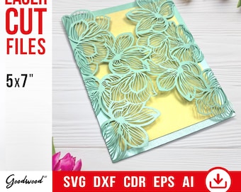 Gate Fold Wedding Invitation with Flowers 5x7&quot; – Laser Cut SVG DXF Ai EPS – Orchid Greeting Card, Floral Cricut Template, Instant Download