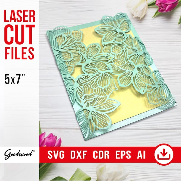 Gate Fold Wedding Invitation with Flowers 5x7" – Laser Cut SVG DXF Ai EPS – Orchid Greeting Card, Floral Cricut Template, Instant Download
