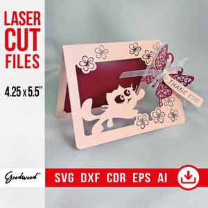 Carte de remerciement ou invitation d'anniversaire chat et papillon SVG DXF EPS, modèle découpé au laser pour enfants, fichiers vectoriels papercut, téléchargement immédiat