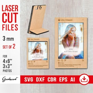 Photo Frame Template SVG DXF CdR, Laser Cut Files 3mm, Wooden Picture Frame, Polaroid and Instagram Style, 3x3&quot; 4x6&quot;, Photo Stand, Instant