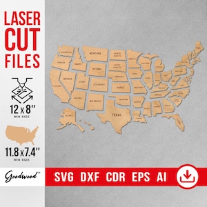 USA Karte SVG DXF Eps PdF, Laser geschnitten Dateien, USA Wandkunst, Holzpuzzle Karte, Staaten-Wand-Dekor, sofortiger Download