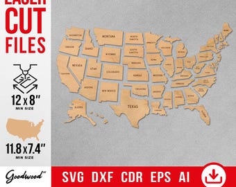USA Map Laser Cut File, US States Puzzle SVG for Glowforge, Wooden United States Map Dxf, 3D Wall Art Digital Download, Template for Laser