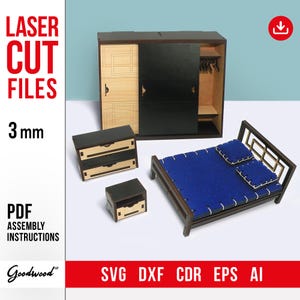 Doll Furniture 3mm Template SVG, DIY Laser Cut Dollhouse Bedroom, Miniature 1:12 Furniture Set, 6&quot; Doll, Wooden 3D Model, Instant Download