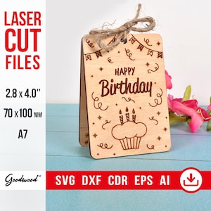 Modelo de Cartão de Feliz Aniversário SVG DXF AI | Cartão de Aniversário de Madeira com Bolo | Arquivos Recortados a Laser | Design de Cupcake e Bolo | Download Instantâneo