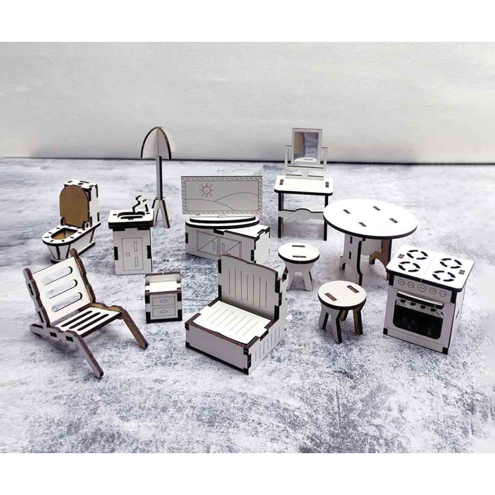 Basic Furniture Set Wooden House 3DBRT for Dolls DIY Kit | Wood Miniature Dollhouse | Basic ...