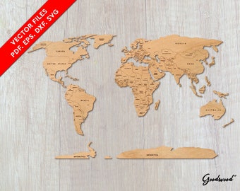 Weltkarte mit Ländern SVG DXF EPS, Wandkunst, Vektordateien der Laser-Schnittdatei, Sofort-Download, Holzpuzzle Karte, politische Karte, Laser Cutter