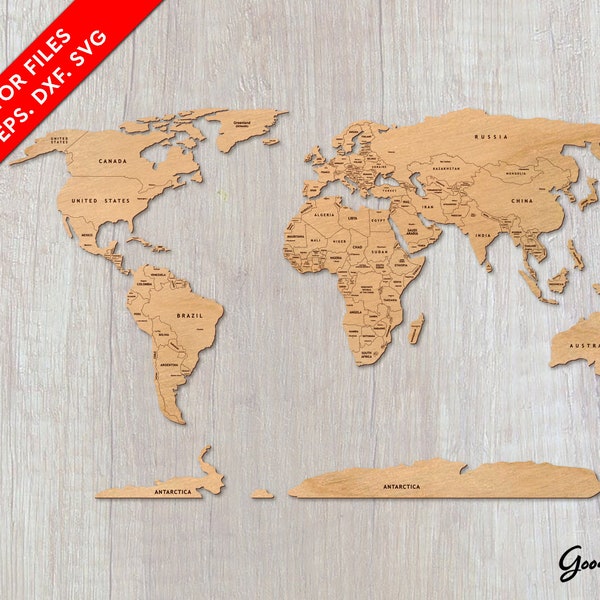 Mapa mundial con países SVG DXF EPS, Arte de pared, Archivos vectoriales de corte láser, Descarga instantánea, Mapa de rompecabezas de madera, Mapa político, Cortador láser