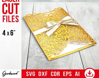 Elegant Wedding Invitation Gate Fold SVG 4x6 – Laser Cut Template, Birthday Card, EPS DXF Vector Files, Instant Download, Invitación de boda