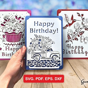 de modèles de cartes d'anniversaire pop-up : camionnette, oiseau, gâteau fleuri | Fichiers SVG, DXF pour découpe laser | Créations en papier bricolage 5 x 7 | Instantané