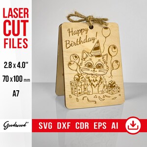 Happy Birthday Wooden Cat Card SVG CdR DXF EPS Template – Kitty Greeting Card, Animal Bday Cards, Laser Cut Files, Instant Download, Vector