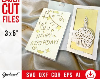 Folded Birthday Pop-Up Card SVG DXF – 3D Bday Cake & Cupcake Greeting Card, DIY Paper Craft, Interactive Laser Cut Template Instant Download