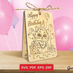 Happy Birthday houten kat kaart SVG CdR DXF EPS-sjabloon – Kitty-wenskaart, dierlijke verjaardagskaarten, lasergesneden bestanden, direct downloaden, Vector