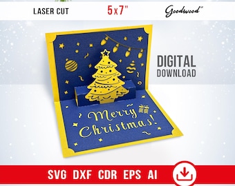 3D-julgrans popup-hälsningskort SVG, 5x7 laserskuren mall, digital nedladdning