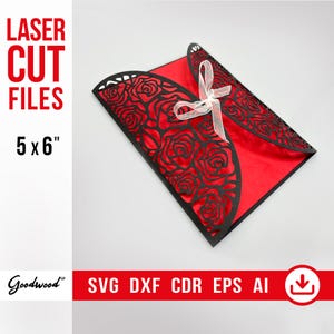 Modelo de convite de rosas SVG, cartão floral cortado a laser DXF PdF EPS, cartão dobrável para casamento ou aniversário com flores, 5 x 6 pol., download instantâneo