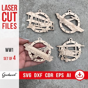 Laser Cut Files WW1 Airplanes SVG, Set of 4 Wooden Ornaments DXF, Fighter and Bomber Aircraft Templates, Aviation Bundle, Digital Download