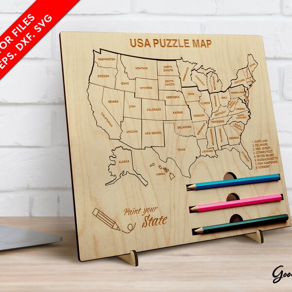 United States puzzle map of wood SVG Eps DXF, Laser cut files, Desktop Map, Vector file template Art Puzzle USA, Educational toy, 2 layers