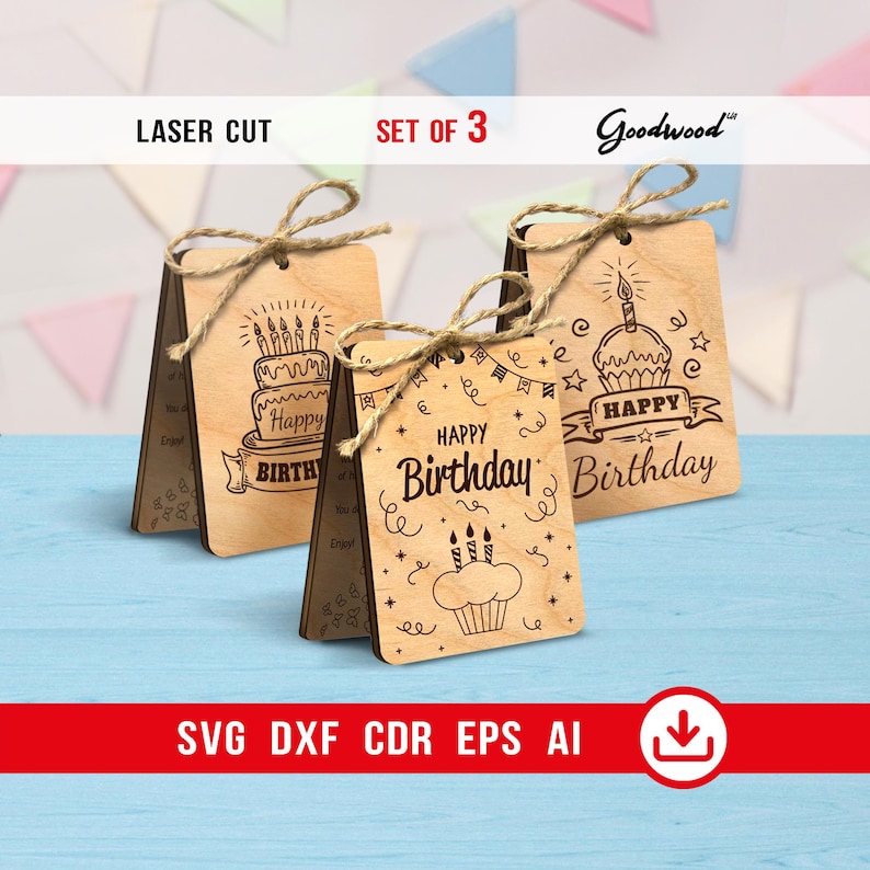 Birthday card SVG set with vector templates for laser cutting and engraving. Set of 3 professional greeting card designs by GoodwoodUAShop, including cupcake and cake motifs. Laser ready DXF and AI files for A7 envelope size projects.
