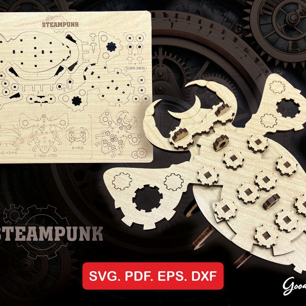 Steampunk beetle SVG DXF CdR Eps PdF, Laser Cut files, Steam punk Insect 3d DIY puzzle, Wooden template, Instant Download, miniature 3 mm